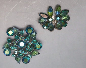 Juliana Lava Rhinestone Brooch Earrings Peacock Blue Givre