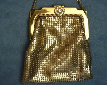 Whiting & Davis Gold Mesh Purse Jeweled Clasp Vintage Rhinestones Evening Bag