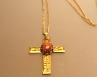 Vintage Goldstone Cross Necklace