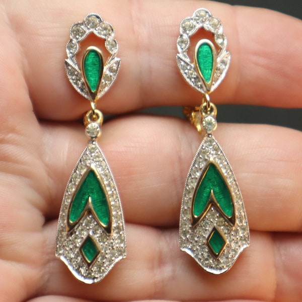 Vintage Polcini Rhinestone Enamel Green Earrings