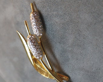 Vintage Rhinestone Cattails Brooch Pin