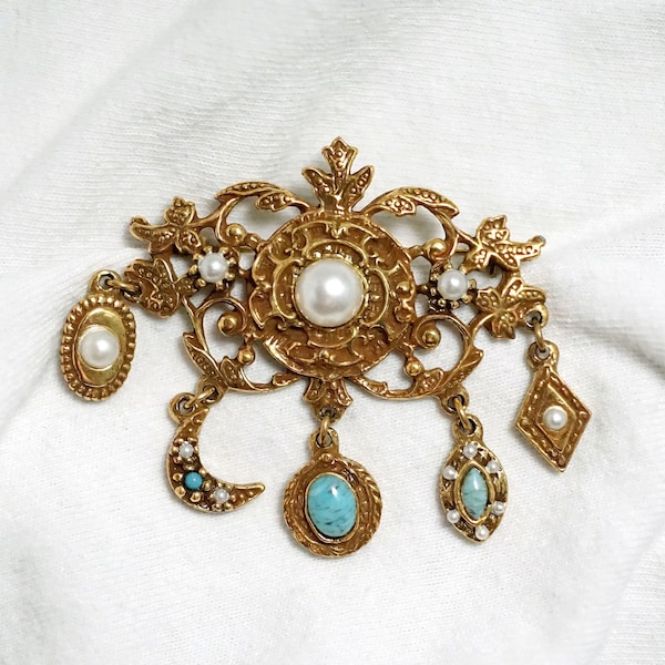 Vintage Goldette Charm Brooch Victorian Revival Dangles Pin