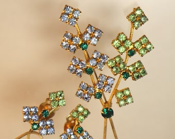 Square Rhinestone Flower Sprig Brooch Earrings Set