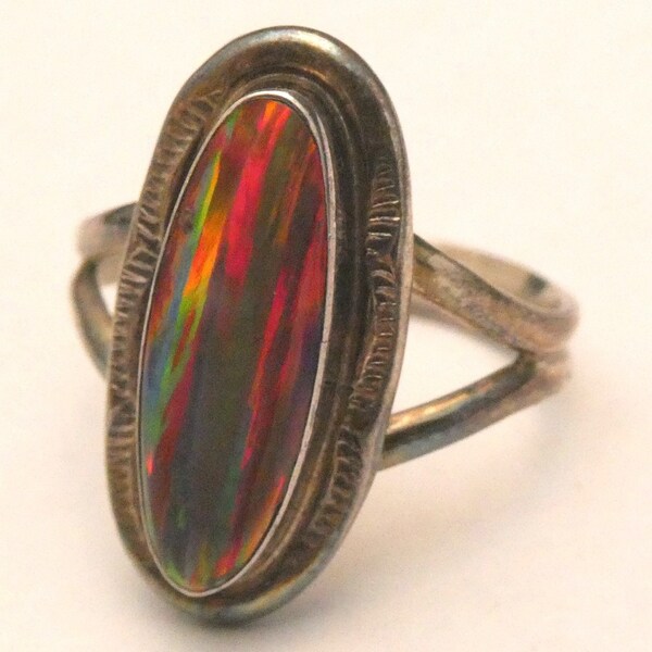 Navajo Red Fire Opal Sterling Ring Signed TS