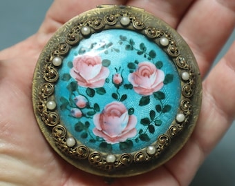 Vintage Guilloche Enamel Filigree Compact Pink Roses
