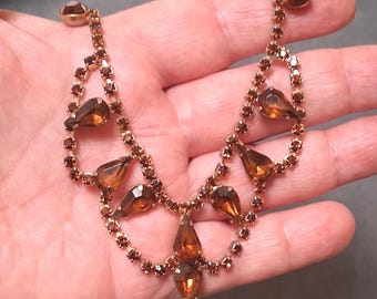 Vintage Topaz Rhinestone Festoon Necklace Teardrop Stones