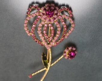 Weiss Pink Milk Glass Violet Rhinestone Large Flower Brooch
