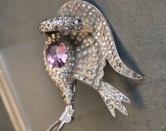 Amazing  Sculpted Heron Brooch Amethyst Rhinestones