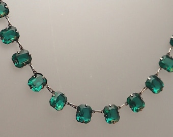 Deco Emerald Rhinestone Riviere Open Back Unfoiled Necklace Sterling