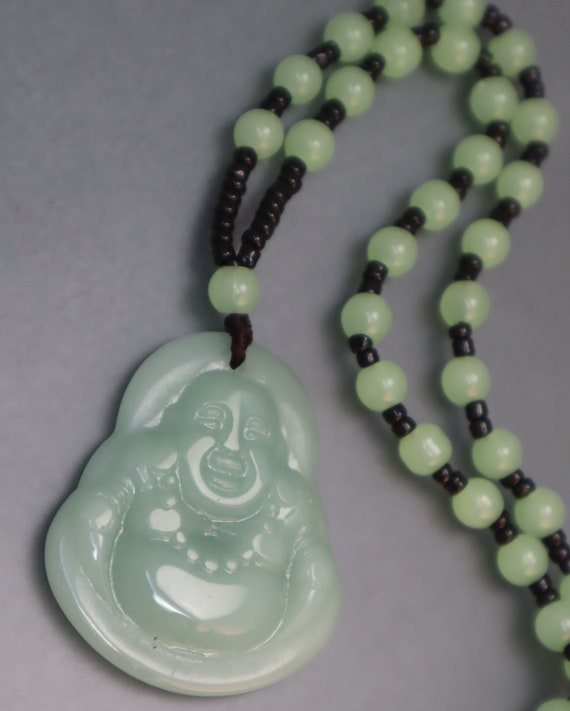 Jadeite Glass Buddha Necklace Green Black Buddah - image 2