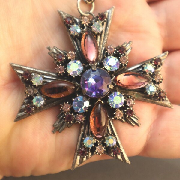 Vintage Florenza Maltese Cross Necklace Pink Purple Rhinestone Pendant