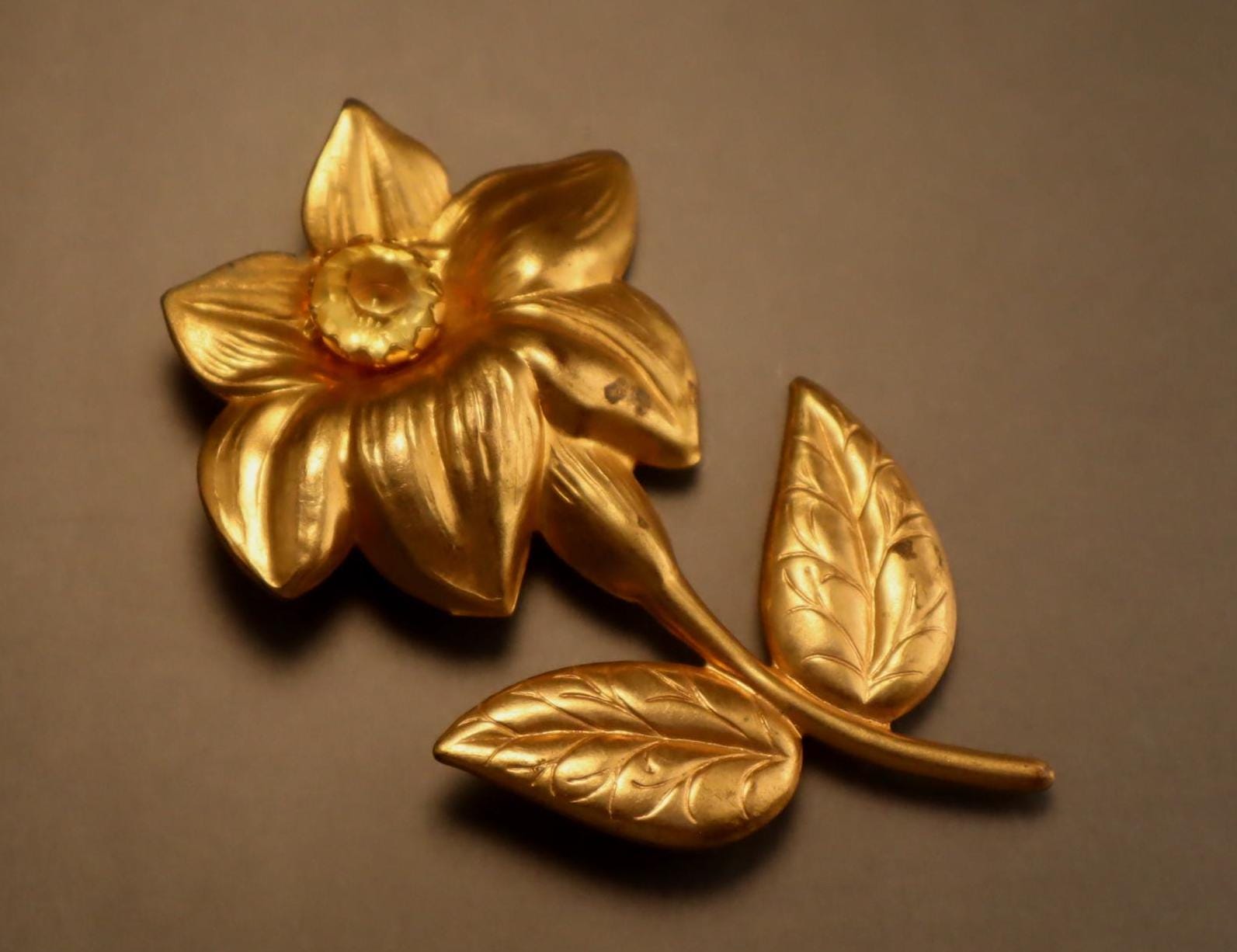 1940's Retro Citrine Rhinestone Flower Brooch Large Vintage Pin