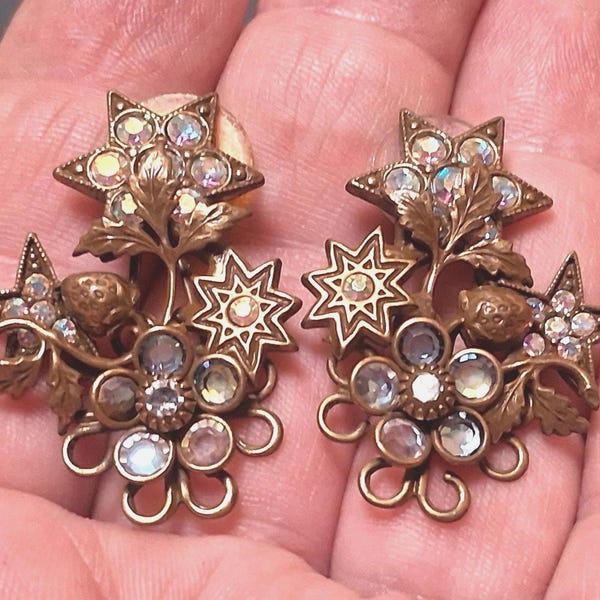 Vintage Kirks Folly AB Rhinestone Star Flower Earrings Pierced
