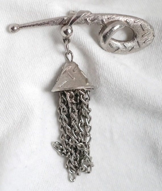Mod Chain Tassel Bell Brooch Vintage Fringe Pin - image 2