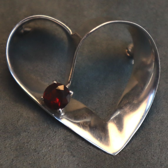 Sterling Heart Brooch Red Stone Signed ND Ribbon … - image 2