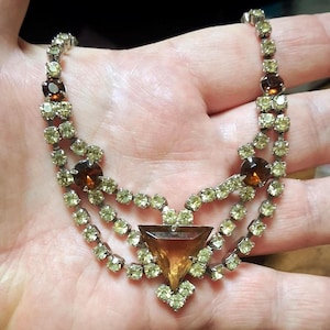Vintage Topaz Citrine Rhinestone Necklace Triangular Stone