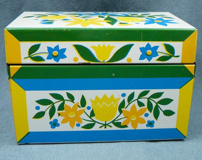 Vintage Tin Recipe Box Syndicate Blue & Yellow Flowers Etsy