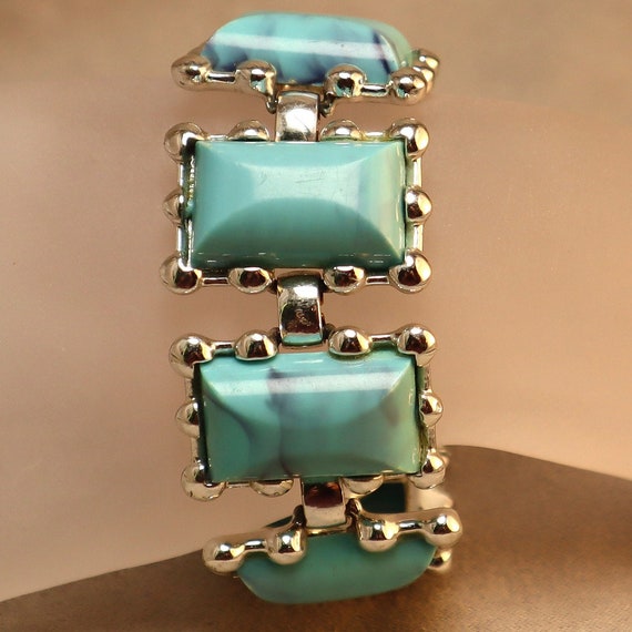 Vintage Coro Turquoise Panel Bracelet Wide Plasti… - image 2