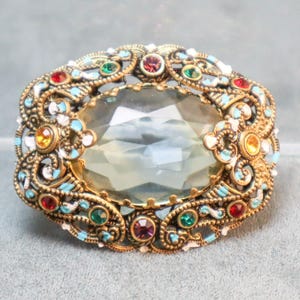 Vintage West Germany Brooch Givre Glass Enamel Filigree Pin