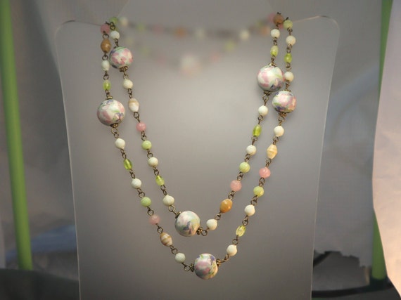Vintage Watercolor Hand Painted Glass Necklace - image 1