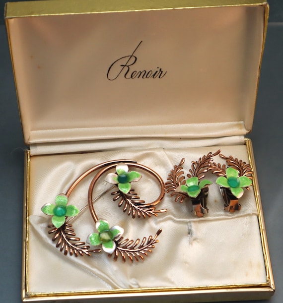 Renoir Matisse Copper Enamel Brooch Earrings Set … - image 2