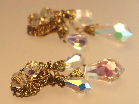 Vintage AB Crystal Drop Earrings Filigree Wired - image 2