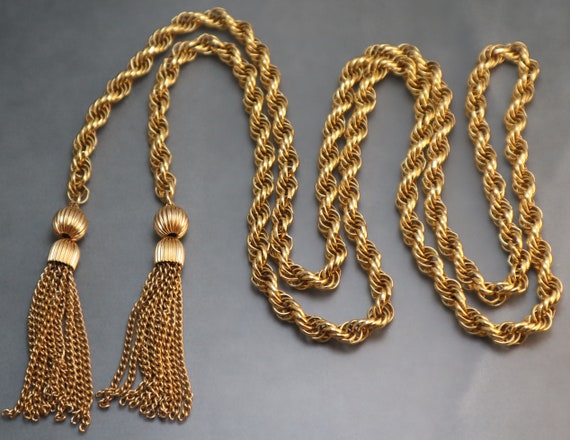 Vintage Tassel Lariat Necklace Chunky Gold Tone F… - image 2