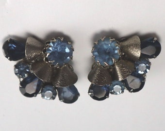 Rhinestone Fanned Flower Earrings Blue Stnes Vintage Clip Backs