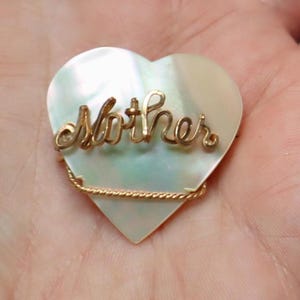 Vintage Mother of Pearl Heart Brooch: Gold Tone &#39;Mother&#39; Pin
