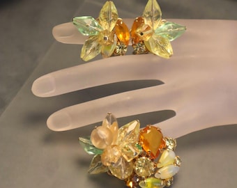 Juliana  Style Givre Rhinestone Brooch Earrings Set Topaz & Citrine Glass