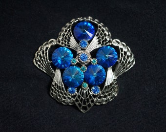 Broche paon rivoli bleu strass vintage broche