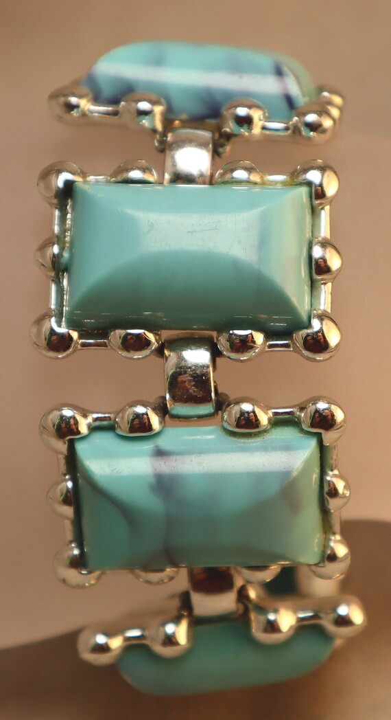 Vintage Coro Turquoise Panel Bracelet Wide Plasti… - image 3