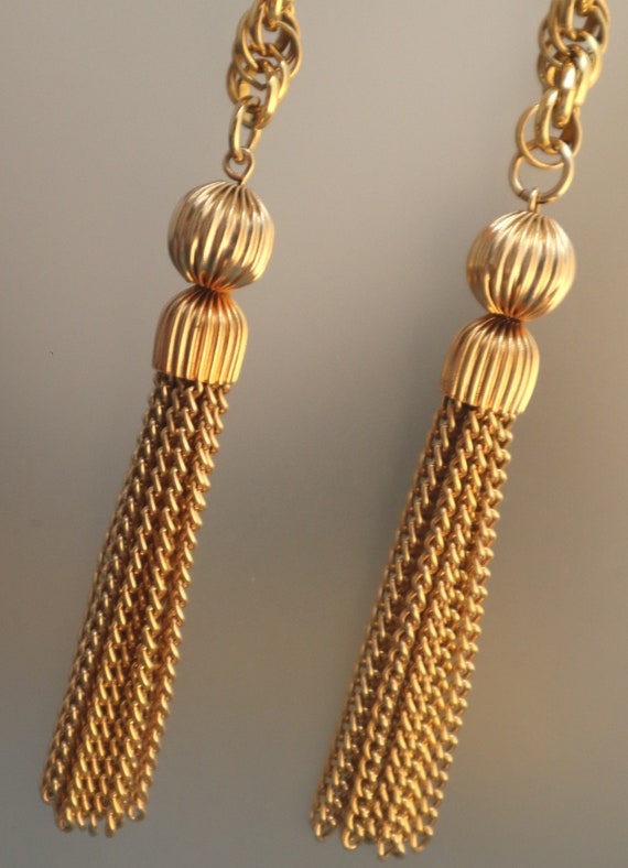 Vintage Tassel Lariat Necklace Chunky Gold Tone F… - image 6