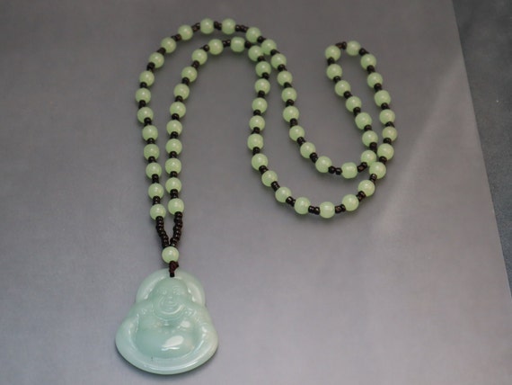 Jadeite Glass Buddha Necklace Green Black Buddah - image 1