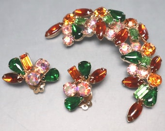 Vintage Large Fruit Salad Rhinestone Brooch Earrings Set