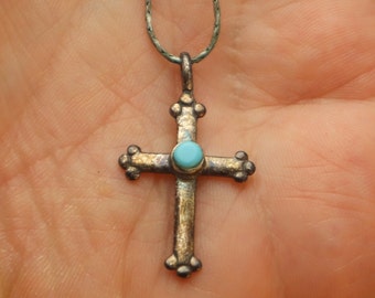 Sterling Turquoise Cross Pendant Southwestern Necklace Vintage