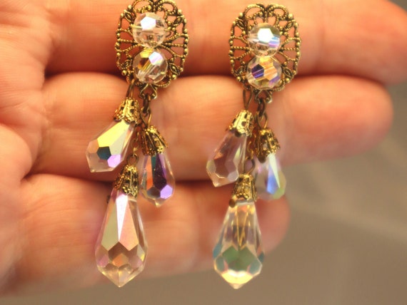 Vintage AB Crystal Drop Earrings Filigree Wired - image 1