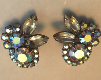 Vintage Juliana AB Flower Earrings Gunmetal Aurora Borealis Unfoiled