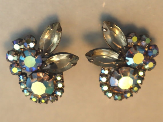 Vintage Juliana AB Flower Earrings Gunmetal Auror… - image 1