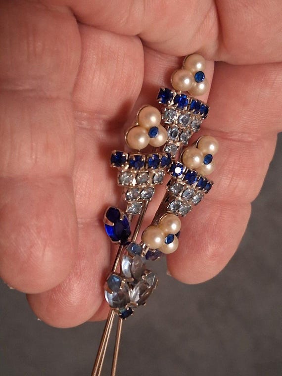 Vintage Sapphire Blue Rhinestone Brooch Flowerpots Flowers Juliana