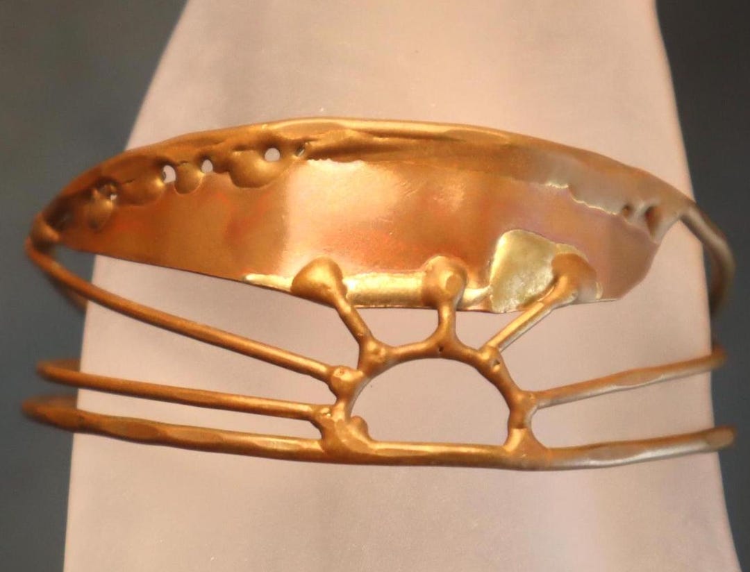 Bracelet Vintage Brutaliste Laiton émaux France Années 1970 - Bijou Artiste Français - Occasion