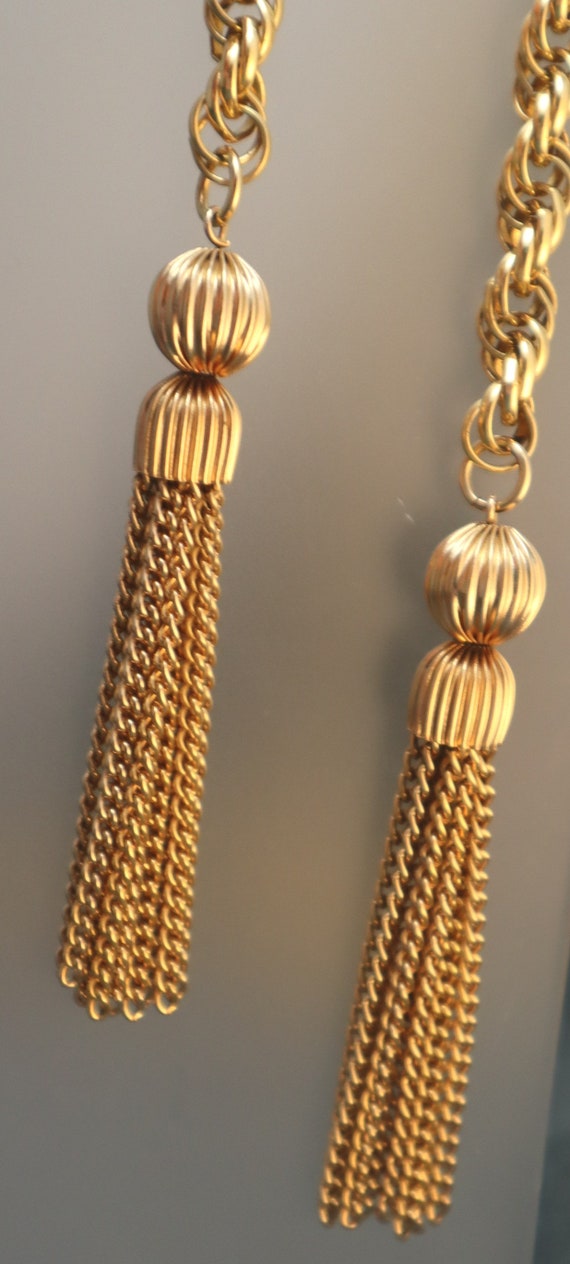 Vintage Tassel Lariat Necklace Chunky Gold Tone F… - image 5