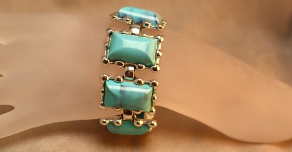 Vintage Coro Turquoise Panel Bracelet Wide Plasti… - image 1