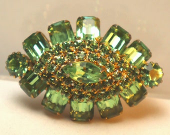 Green Rhinestone Tiered Layered Brooch Vintage Pin