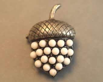 Vintage Acorn Brooch White Bead Stones