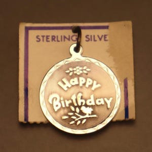 Vintage Happy Birthday Sterling Silver Charm  on Card