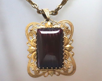 Miriam Haskell Red Stone Necklace Maroon Glass Pendant Vintage