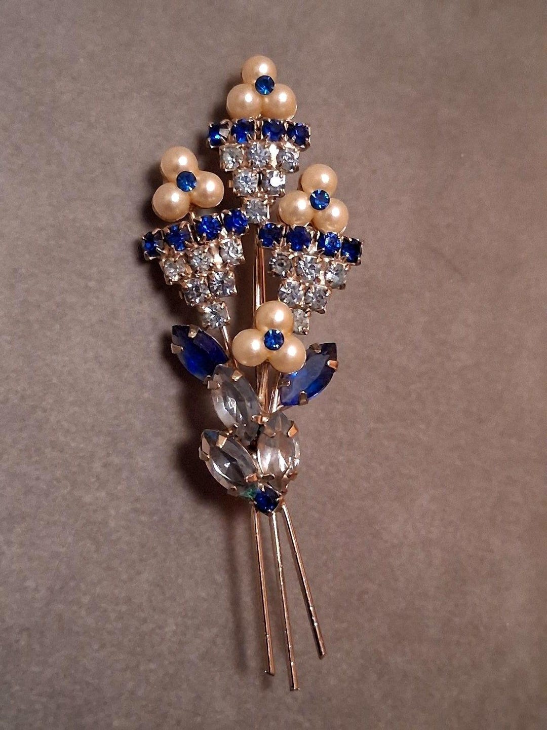 Vintage Sapphire Blue Rhinestone Brooch Flowerpots Flowers Juliana