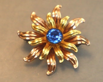 Vintage Van Dell Rose Yellow Gold Filled Brooch Pendant Blue Rhinestone