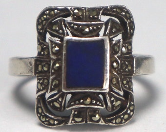 Art Deco Lapis Marcasite Sterling Ring Vintage Openwork Sz 8.5